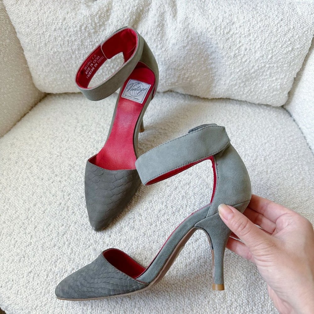 VINTAGE by JEFFREY CAMPBELL Bridges Burgundy Suede Python Ankle Strap Pump 7.5‎